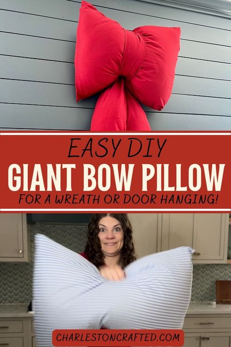 Want to add a BIG BOW to your holiday decor? It could be a wreath, door hanging, or wall decor! Here’s how to make a giant bow pillow! Pillow Bows Diy, Diy Bow Pillow, Diy Bow Decorations, Bow Pillow Diy, Patching Drywall, Fix Leaky Faucet, Hide Clutter, Bow Pillow, Bow Pillows