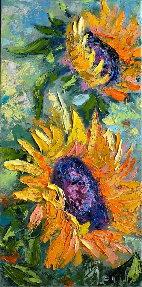 Vertical sunflowers painting, original textured oil painting on canvas by Olena Leus. Vertical painting is a great decor, it doesn't need so many time as square or horizontal painting and it is easier to implement it in your interior. #sunflowerspainting #ukrianianart Sunflowers Painting, Contemporary Art Canvas, Arte Van Gogh, Texture Painting On Canvas, Teal Background, 수채화 그림, Sunflower Art, Impasto Painting, Sunflower Painting