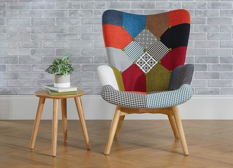 Living Room Seating Arrangement, Patchwork Armchair, Retro Lounge Chairs, Patchwork Upholstery, Trendy Chairs, Retro Lounge, Fireside Chairs, Colourful Design, Room Seating