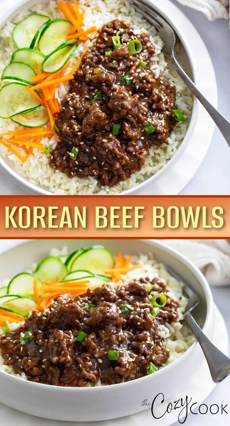 These Korean Beef Bowls are a 30-minute meal made with ground beef in a flavorful sauce! It's the BEST dinner to serve with rice, cauliflower rice, in lettuce wraps, and more! Damn Delicious Korean Beef Bowl, Spicy Korean Beef Bowl, Mongolian Beef Bowl, Ground Beef Recipes For One Person, Taco Bowls Ground Beef, Ground Beef And Rice Bowl, Wagyu Ground Beef Recipes, Ground Chicken Bowls, Beef Rice Bowl Recipe