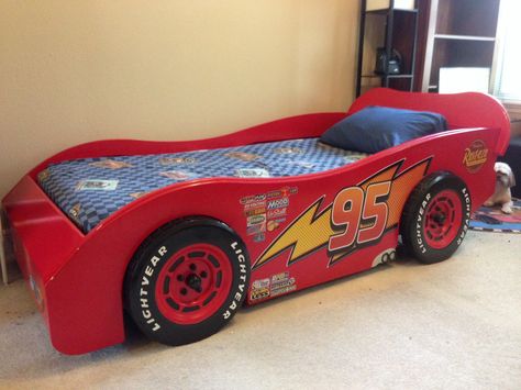 Jax's new bed! Playroom Decor Diy, Modern Boys Bedroom, Kids Car Bed, Boys Room Diy, Boy Sports Bedroom, Cool Bedrooms For Boys, Race Car Bed, Boys Bedroom Themes, Blue Headboard