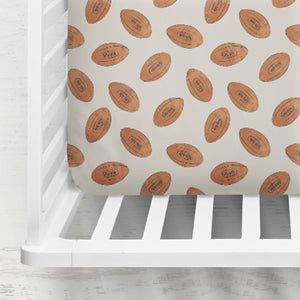 Sporty Nursery, Football Theme Nursery, Vintage Sports Nursery, Football Nursery, Affordable Nursery, Brown Crib, Sports Nursery Theme, Baby Boy Football, Handmade Crib