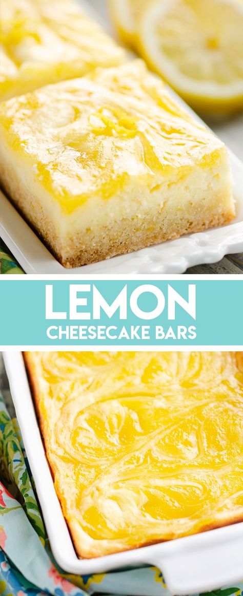 Lemon Cheesecake Bars are a sweet treat with a sugar cookie crust, a rich cheesecake layer and a tart lemon curd swirled throughout. They are fantastic dessert for any special occasion! #Lemon #Cheesecake #Dessert Fantastic Dessert, Tart Lemon Curd, Rich Cheesecake, Cheesecake Layer, Lemon Cheesecake Bars, Sugar Cookie Crust, Cheesecake Dessert, Oreo Dessert, Lemon Cheesecake