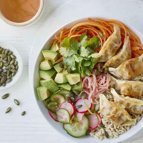 Rice Buddha Bowl, Sesame Tuna, Crunchy Asian Salad, Gyoza Recipe, Eat Beautiful, Ramen Broth, Tenderstem Broccoli, Low Carb Salad, Toasted Pumpkin Seeds