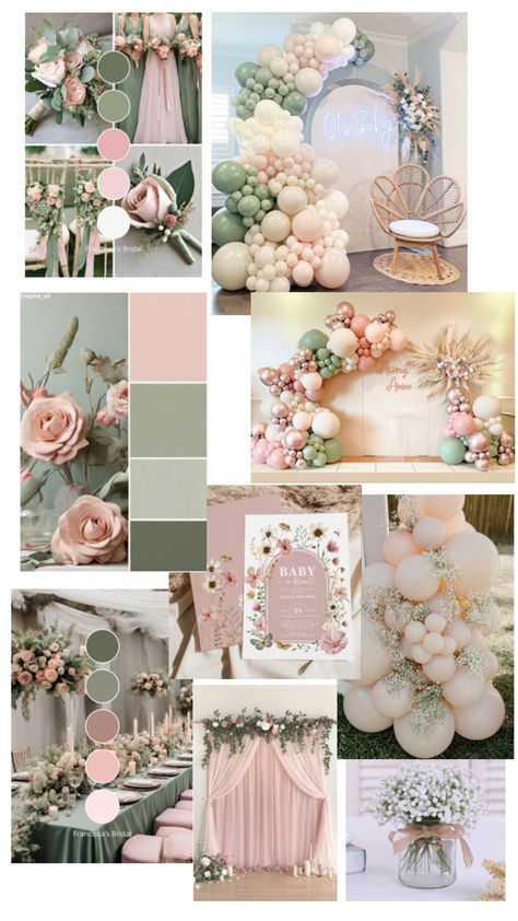 Sage And Pink Party, Neutral Floral Baby Shower Ideas, March Theme Baby Shower Ideas, Sage Green And Pink Baby Shower, Sage Green And Pink Color Palette, Pink And Sage Baby Shower Ideas, Green And Pink Baby Shower Ideas, Pink And Green Baby Shower Ideas, Bridal Shower Color Schemes