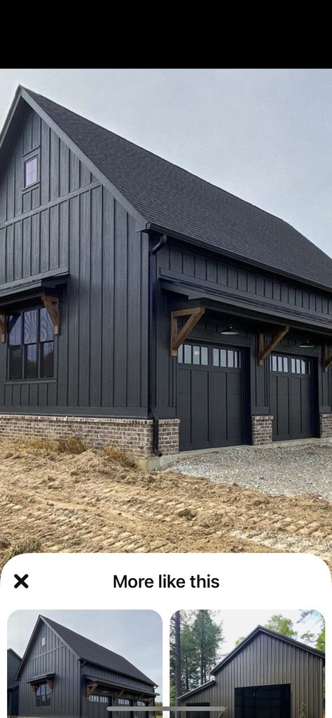 Black Vertical Siding, Black Siding, Pole Barn Designs, Black Garage, Vertical Siding, Dark House, Barn Design, House Exteriors, Exterior Ideas