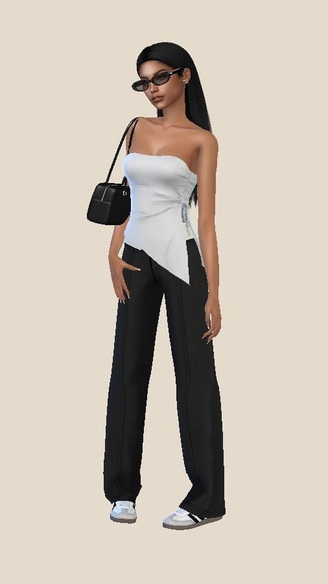 maya’s off duty look ☁️ outfit details: top | pants | purse | trainers credit to the amazing cc creators 🤍 @astya96cc @missvalentine142 @seoulsoul-sims Ts4 Cc Accessory Top, Sims 4 Cc Creators, Sims 4 Accessory Top, Sims Cc Tops, Sims Accessory Top, The Sims 4 Cc Top, Sims 4 Strapless Top, Sims 4 Off Shoulder Top, Cc Top