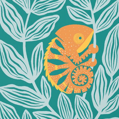 Brighten your space with this art print featuring a bright yellow and orange chameleon relaxing in the leaves on a rich pine-green backdrop. Chameleon Art Illustration, Frog Art Print, Chameleon Illustration, Chameleon Print, Dancers Painting, Chameleon Pattern, Colorful Chameleon, Seashell Illustration, Miami Aesthetic