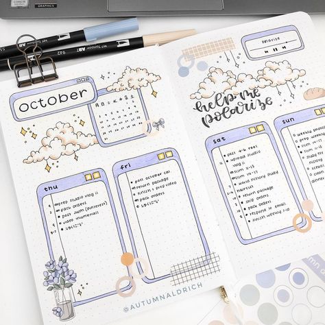 autumn aldrich on Instagram: “Hello :D here’s another weekly - I brought back a bit of a the august theme and added clouds and tøp lyrics ☁️ Oof I have world history…” University Hacks, Bullet Journal Daily, Doodle Techniques, Desk Stuff, تزيين دفاتر, Bujo Spreads, Bulletin Journal, Bullet Journal Ideas Templates, Bullet Journal Banner