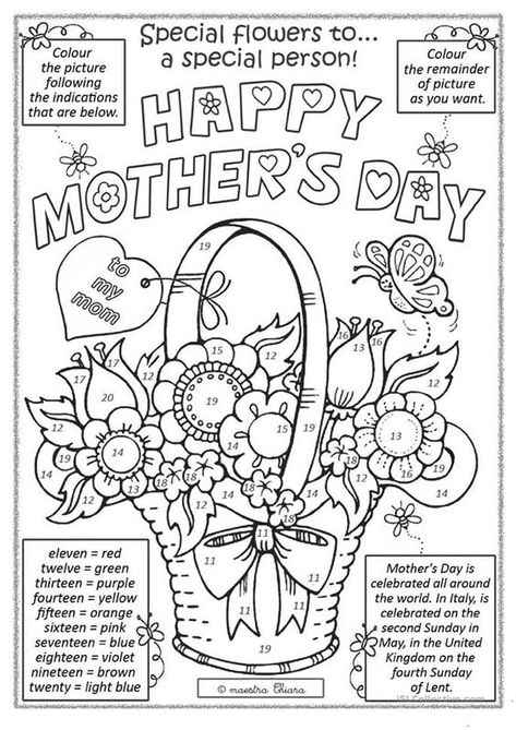 This is a great worksheet for Mother's Day to practice numbers and colors in English with your young ESL students. Mothers Day Worksheets, Mothers Day Cards Printable, Mothers Day Coloring Sheets, Mother's Day Printables, Holiday Worksheets, Mother's Day Activities, Mother Art, Art Worksheets, Fun Worksheets