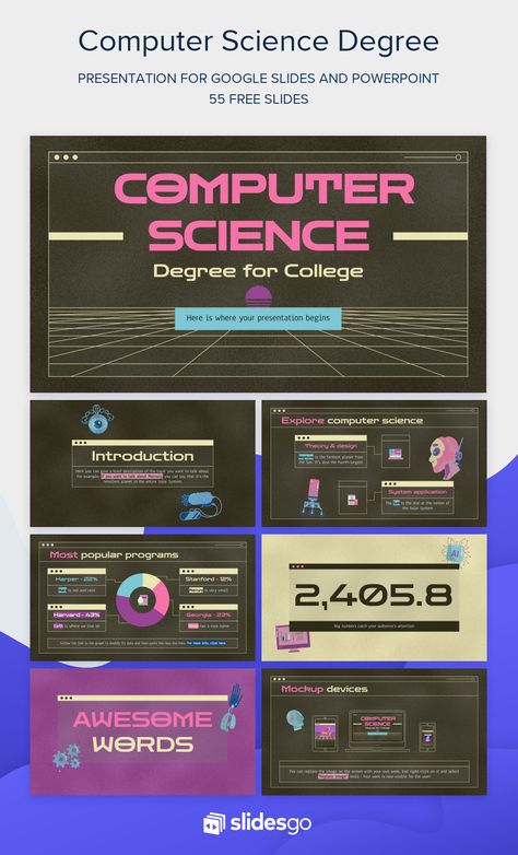 Computer Science Degree for College Powerpoint Design Science, Computer Science Poster, Google Slides Aesthetic, Presentation Slide Design, Canva Theme, Science Presentation, Computer Presentation, Vaporwave Poster, Slidesgo Templates