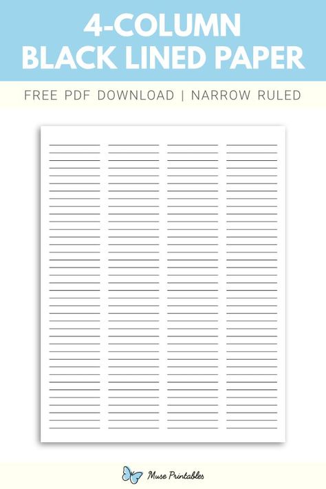 Printable 4 column black lined paper narrow ruled paper template. Download this at https://museprintables.com/download/paper/4-column-black-lined-paper-narrow-ruled/ Ruled Paper, Template Download, Letter Paper, Paper Template, Lined Paper, Printable Paper, Free Printable, Free Printables, Black