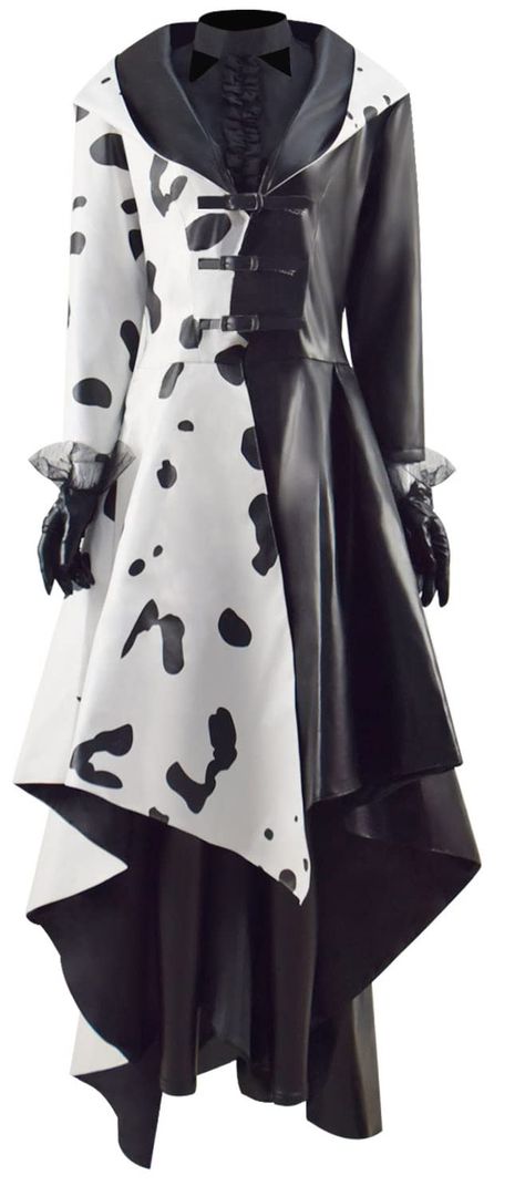 Cruella Deville Costume Women, Black Coat Pant, Cruella Deville Costume, Plus Size Red Dress, Cruella Costume, Dalmatian Puppies, Outfits With Gloves, Cruella Deville, Witch Dress