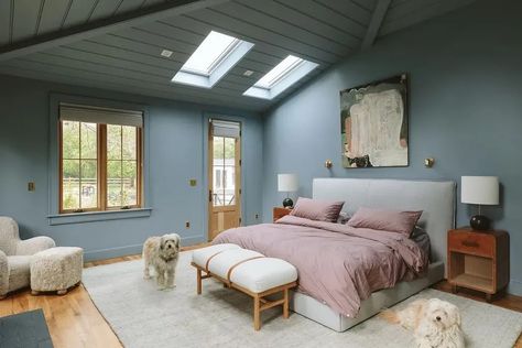 Sherwin Williams Debonair cozy bedroom paint review Sherwin Williams Debonair, Sherwin Williams Blue, Room Darkening Shades, Bedroom Blue, Blue Paint Colors, Cozy Chair, Emily Henderson, Wait What, Primary Bedroom