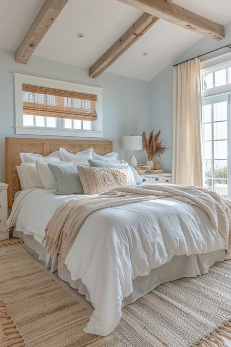 29 Coastal Master Bedroom ideas for a Beachside Feel Master Bedrooms Beachy, Farmhouse Beach Bedroom, Coastal Modern Master Bed, Modern Coastal Master Bed, Bohemian Coastal Bedroom, Beach House Decor Coastal Style Master Bedrooms, Coastal Master King Bed, Coastal Master Suite, Beach House Master Bed