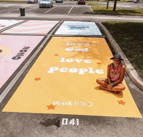 from @emkgae on insta Bible Verse Parking Spot Painting, Bible Verse Parking Spots, Senior Parking Spaces Bible Verses, Christian Parking Spot Painting, Cute Parking Spot Painting Ideas, Painted Parking Spaces Ideas, Senior Spots, Senior Era, Senior Year Diy