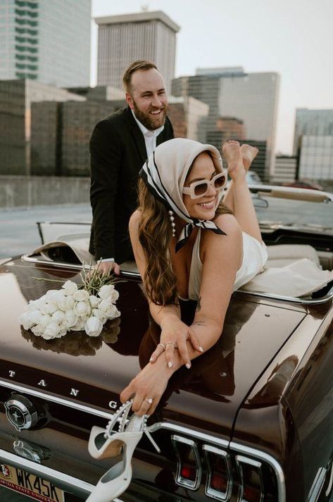 50s Inspired Engagement Photos, 60s Inspired Engagement Photos, Elope Photoshoot, White Dress Heels, Glam Engagement Photos, Old Hollywood Engagement Photos, Silky White Dress, Vintage Car Engagement Photos, Vintage Engagement Photoshoot