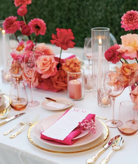 Bright Pink Wedding, Orange And Pink Wedding, Wedding Table Setup, Photobooth Backdrop, Arizona Biltmore, Mehndi Party, Hot Pink Weddings, Party Tablescapes, Pink Wedding Theme