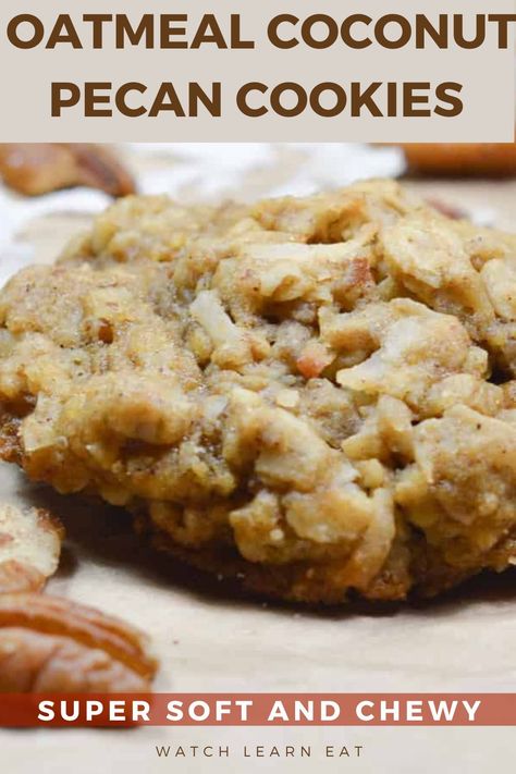 close up of oatmeal coconut pecan cookies Best Soft Oatmeal Cookies, Copycat Crumbl Oatmeal Raisin Cookies, Peanut Butter Oatmeal Coconut Cookies, Panera Oatmeal Raisin Cookies, Crumble Coconut Cookie, Diy Oatmeal Cookies, Candied Pecan Cookies, Oatmeal Everything Cookies, Levain Oatmeal Raisin Cookie