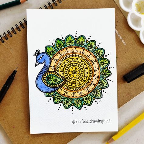 Peacock mandala art for beginners Peacock Zentangle Art, Peacock Mandala Art Colorful, Madhubani Paintings Peacock Easy, Peacock Doodle Art, Peacock Mandala Art Easy, Easy Madhubani Art For Beginners, Mandala Peacock Design, Doodle Themes, Mandala Art Peacock