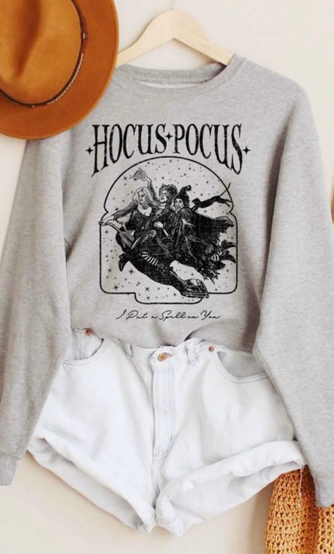 Hocus Pocus Graphic Sweatshirt (Grey) Hocus Pocus Sweatshirt, Hocus Pocus Shirt, Halloween Time, White Crewneck, Pink Sand, Juniors Jeans, Large Dress, Brooms, Movie Releases