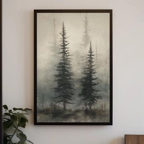 Immerse yourself in the tranquil beauty of a foggy pine tree forest with this stunning canvas print. This misty landscape captures the essence of nature and is beautifully framed, ready to hang. Perfect for adding a serene touch to your living room, bedroom, or office. *Exquisite depiction of a foggy pine tree forest *High-quality canvas print with rich, lasting colors *Framed and ready to hang, no assembly required *Ideal for living rooms, bedrooms, or offices *Adds a serene, nature-inspired to Modern Cabin Art, Organic Modern Wall Art, Men’s Wall Art Bedroom, Bedroom Canvas Ideas, Foggy Mountain Painting, Misty Pine Tree Painting, Forest Painting Black And White, Black And White Forest Painting, Tall Wall Decor