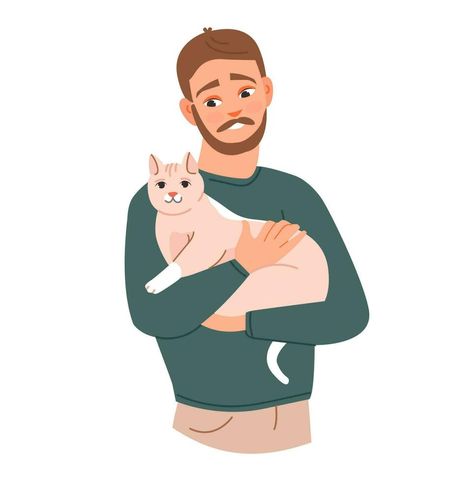 Pet owner. A man with cats in his arms. A person hugs a pet. Flat vector illustration. Cat And Owner Illustration, Man With Cat Drawing, Men With Cats, In His Arms, Man Illustration, Flat Vector Illustration, Cat Clipart, Cats Illustration, Flat Vector