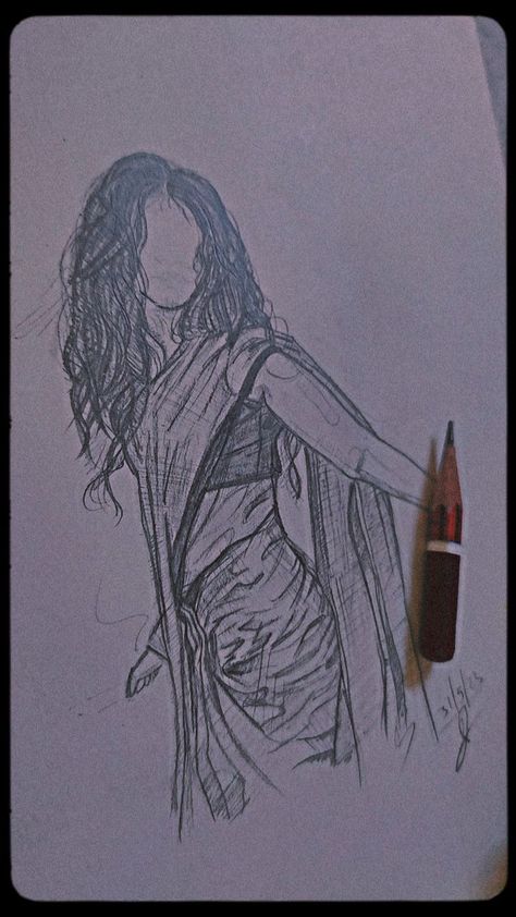 Indian Sketch Art, Traditional Drawing Indian, Drawing Ideas Korean, Asthetic Drawings Simple, Saree Drawing, Saree Sketch, Drape A Saree, Arts Inspirations, Korean Drawing