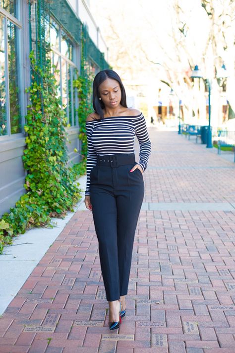 High Waist Trousers and Stripe Bardot | Prissysavvy Work Outfits Frauen, Casual Work Attire, Fashionable Work Outfit, Corporate Attire, High Waist Trousers, Stylish Work Attire, Classy Dress Outfits, Classy Work Outfits, Stylish Work Outfits