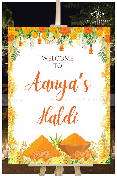 Printing & Personalising your own Welcome Wedding Signs or Punjabi Wedding welcome sign Indian template instant download has been made a super easy process by us specially for busy brides that save the valuable wedding-prep time while still giving you the complete Hindu Wedding welcome template & stationery of your dreams for your Wedding Entry Sign!

You can print your Haldi decor Sign Board or Indian Haldi Welcome Signage décor where ever you choose! Haldi Poster Design, Haldi Sign Board, Haldi Illustration, Sangeet Signage, Haldi Board, Indian Haldi Decor, Haldi Welcome Board, Haldi Decorations, Mehendi Party