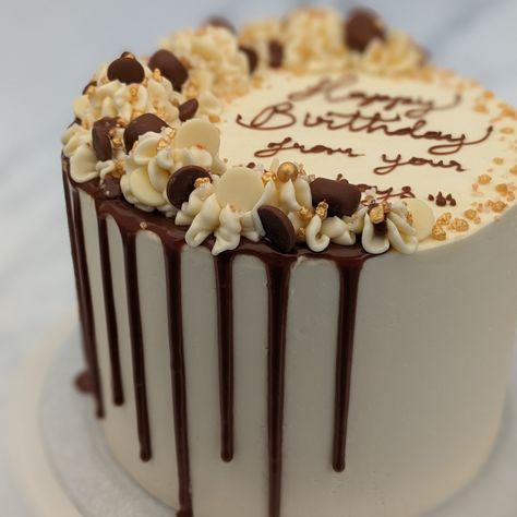 Salted caramel celebration cake / Buttercream drip cake design / Happy Birthday message on cake