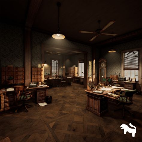 Archives Room Office, Detective Agency Office, Fantasy Office Room Concept Art, Detective Office Interior, Noir Detective Office Aesthetic, Detective Office Concept Art, 1920s Office, Film Noir Detective Office, Agency Office