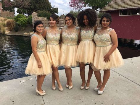 Bryanna's Sweet Sixteen | CatchMyParty.com Red And Gold Quinceanera Damas, White Gold Dama Dresses, Gold Quinceanera Dresses Damas, Gold Quince Court Dresses, Gold Quince Court, Quinceanera Dama Dresses Gold, Dama Dresses For Quince Gold, Quencinera Ideas, Gold Dama Dresses