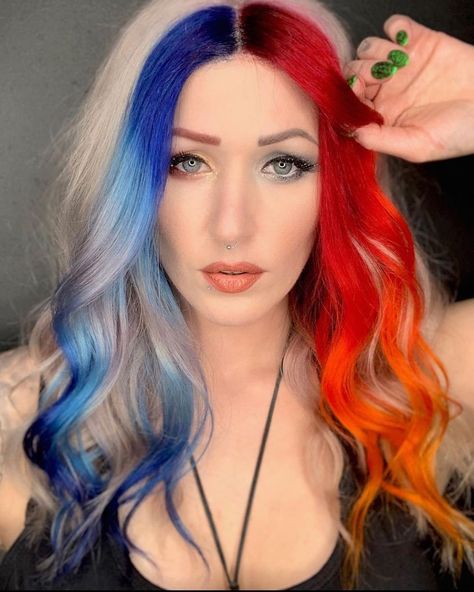 Fire ice red blue dyed hair Blue Dyed Hair, Money Piece Hair, Ice Hair, Dyed Hair Pastel, Whimsical Art Journal, Money Piece, Hair Streaks, Pastel Hair, Fire And Ice