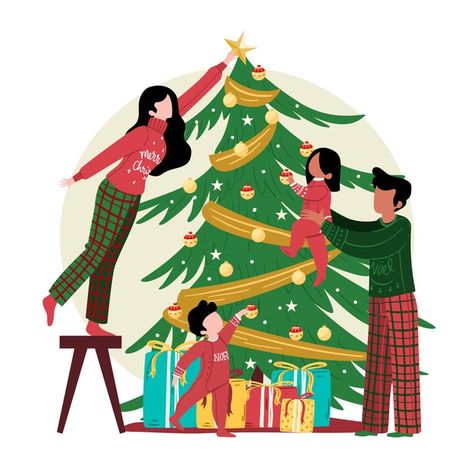 Family Illustration Christmas, Christmas Family Drawing, Family Around Christmas Tree, Decorating Christmas Tree Illustration, People Decorating Christmas Tree, Family Christmas Illustration, Family Decorating Christmas Tree, 가족 일러스트, Decorating Christmas Tree