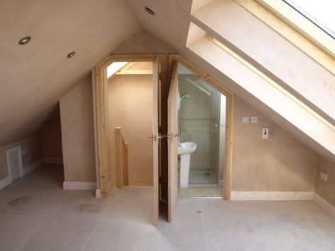 Loft Ensuite, Loft Conversion Plans, Attic Shower, Small Attic Bathroom, Loft Conversion Bedroom, Dormer Loft Conversion, Attic Bedroom Designs, Attic Loft, Loft Bathroom