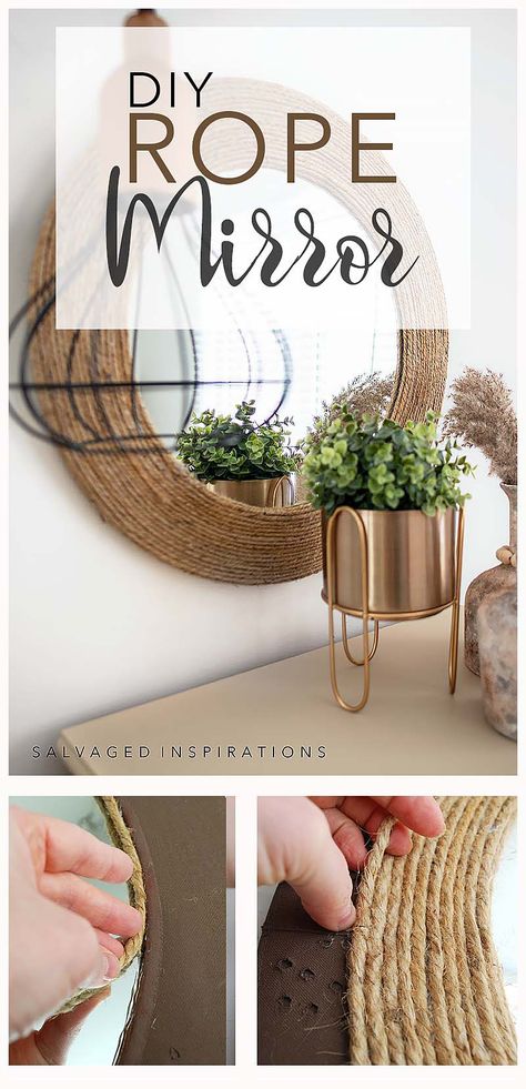 Sisal Rope Diy, Rope Mirror Frame, Diy Rope Mirror, Diy Round Mirror, Upcycle Mirror, Spiegel Diy, Round Mirror Frame, Boho Mirrors, Mirror Decor Ideas