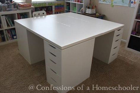 This one is perfect!!! Fits both girls and babies as they grow... Ikea Products + Innovation= Homeschool Desk Diy Craft Table, Craft Table Ikea, Square Desk, School Table, Homework Room, Ikea Crafts, Desk Diy, Ikea Desk, Homeschool Room