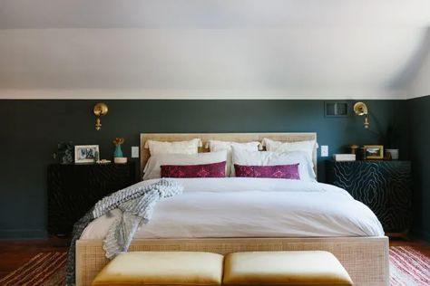 Before & After: Bedroom and Bathroom Makeover | Apartment Therapy Street Bedroom, Sloped Ceiling Bedroom, Low Ceiling Bedroom, Purple Accent Pillows, Charcoal Bedroom, Mid Century Vanity, Teak Vanity, Attic Bedroom Designs, Shower Wall Tile