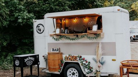 The Happy Traveler Mobile Bar - Wedding Bar Services & Beverages - Zola Mobile Wine Bar, Beer Wall, Hydration Station, Donut Wall, Different Hats, Coffee Service, Bar Service, Mobile Bar, Utility Trailer