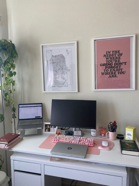 Using 2 desk in 1 with a standing desk and the IKEA Micke desk! Work Cubicle Decor, Ikea Micke Desk, Ikea Micke, Micke Desk, 2024 Bedroom, Work Cubicle, Home Office Layout, Ikea Desk, Bedroom Layout