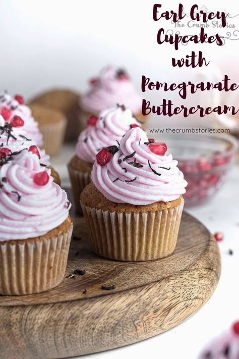 Tea Cupcakes Recipes, Pomegranate Cupcakes, Sabbat Recipes, Yule Wedding, Pagan Kitchen, Pomegranate Desserts, Earl Grey Cupcakes, Grey Cupcakes, Cheesecake Cups Recipe