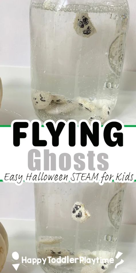 Flying Ghosts Science Experiment with Baking Soda and Vinegar - Happy Toddler Playtime Halloween Experiments, Baking Soda Experiments, Halloween Science Activities, Spooky Science, Fall Science, Floating Ghosts, Steam Activity, Halloween Stem, Flying Ghost