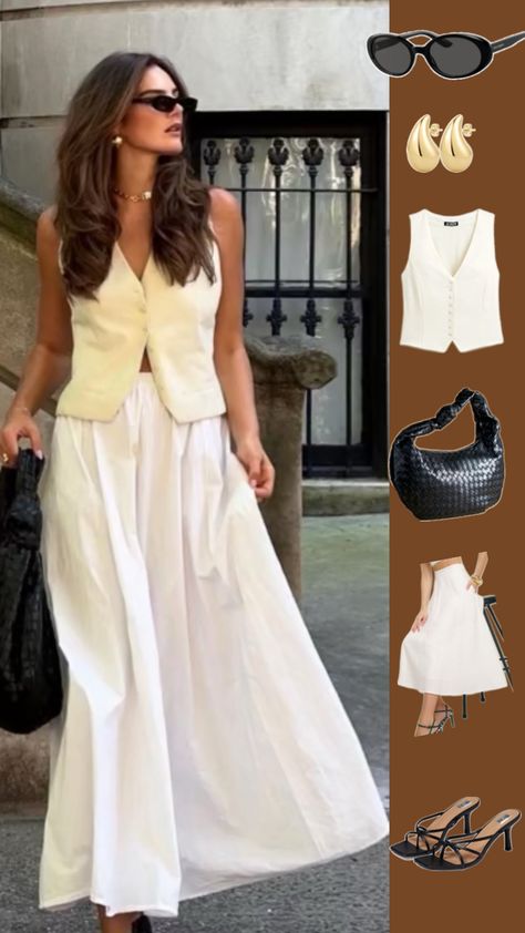 Long white skirt outfit idea with white linen vest top and black woven bag summer outfit ideas 2024 White Linen Skirt Outfit, Linen Skirt Outfit, White Skirt Outfit, Long White Skirt, White Skirt Outfits, Long Linen Skirt, Outfit Ideas 2024, Skirt Outfit Summer, White Linen Skirt