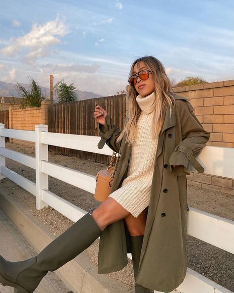 Olive Green Winter Outfits, Olive Boots Outfit, Green Boots Outfit, Jumper Dress Outfit, Olive Trench Coat, Olive Green Boots, Outfit Botas, Outfit Zara, Dirty Thirty