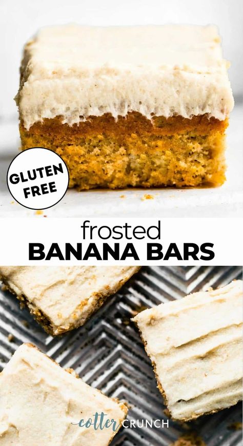 Make these gluten-free frosted banana bars in less than an hour for a simple dessert that’s healthy enough for breakfast! Dairy-free option. Gluten Free Banana Bars, Frosted Banana Bars, Heavenly Dessert Recipe, Cotter Crunch, Almond Flour Brownies, Bars Gluten Free, King Arthur Gluten Free, Banana Health Benefits, Dairy Free Frosting