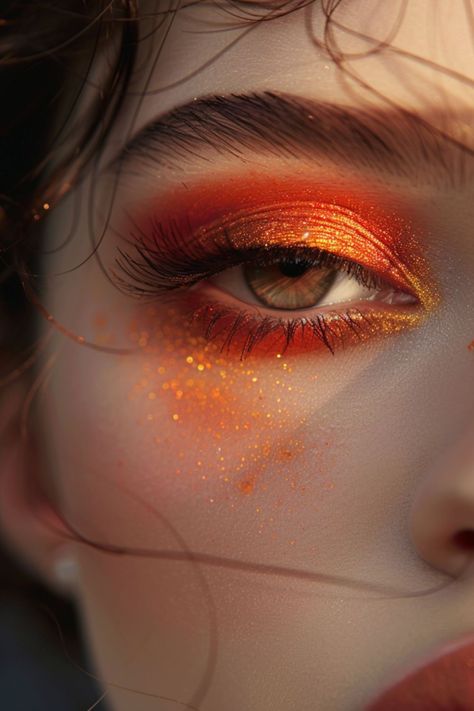 Orange And Red Eyeshadow, Orange Rave Makeup Looks, Makeup Looks Orange Brown, Fire Inspired Eye Makeup, Orange Red Makeup Look, Orange Makeup Brown Eyes, Fiery Makeup Looks, Orange And Red Eyeshadow Looks, Fire Eyeshadow Looks