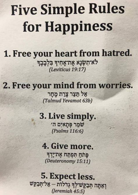 5 simple rules for Happiness 1 for each level of the Soul Judaism Aesthetic, Berkley University, Torah Quotes, Jewish Beliefs, Jewish Proverbs, Jewish Quotes, Hebrew Quotes, Spiritual Tattoo, Hebrew Lessons