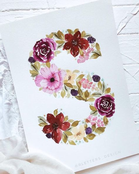 Watercolour Monogram, Letter Watercolor, Floral Outlines, Floral Monogram Letter, Name Paintings, Monogram Painting, Nursery Art Decor, Watercolor Monogram, Watercolor Decor