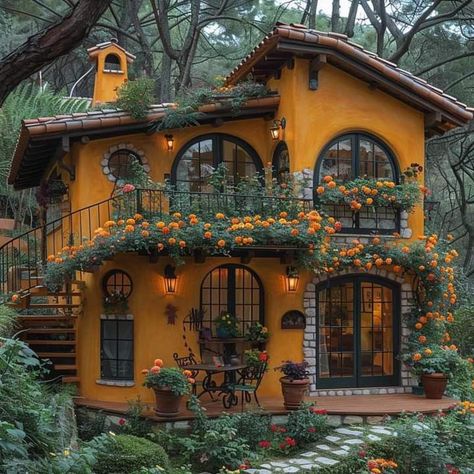 Whimsigothic House Exterior, Cabin With Flowers, Unique Home Styles, Boho Style House Exterior, Cozy Cottage House Exterior, Maximalist Home Exterior, Farmhouse Living Room Colorful, Boho Tiny House Exterior, Tiny Home Layout Ideas